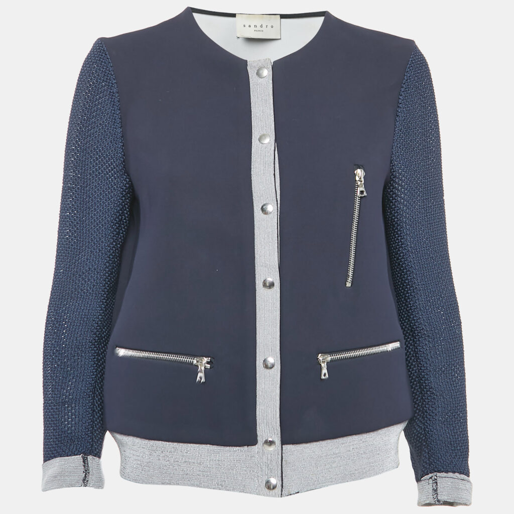 Sandro Navy Blue Crepe Zip-Up Contrast Trim Jacket L Sandro Navy Blue Crepe Zip-Up Contrast Trim Jacket L