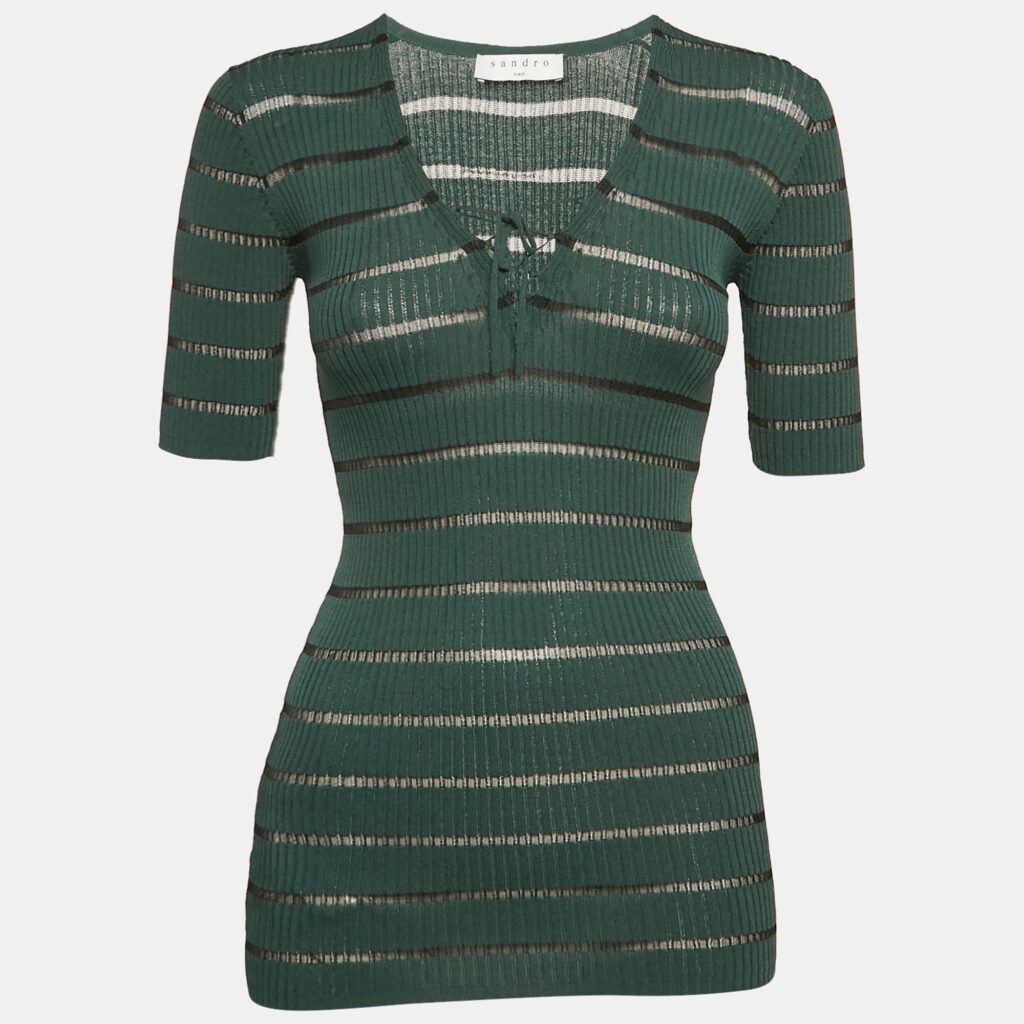 Sandro Green Striped Rib Knit Lace-Up Top S Sandro Green Striped Rib Knit Lace-Up Top S