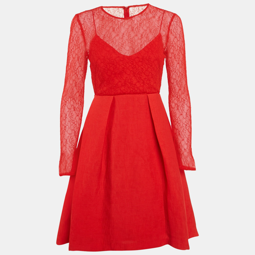 Sandro Red Lace and Textured Crepe Pleated Mini Dress XS Sandro Red Lace and Textured Crepe Pleated Mini Dress XS