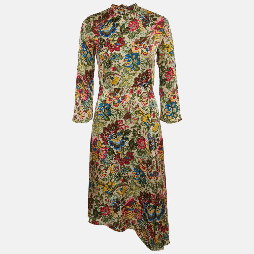 Sandro Multicolor Floral Print Sateen Tie-Up Neck Detail Midi Dress S Sandro Multicolor Floral Print Sateen Tie-Up Neck Detail Midi Dress S