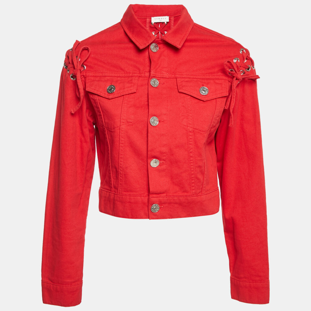 Sandro Red Denim Button Front Lace-Up Detail Jacket M Sandro Red Denim Button Front Lace-Up Detail Jacket M