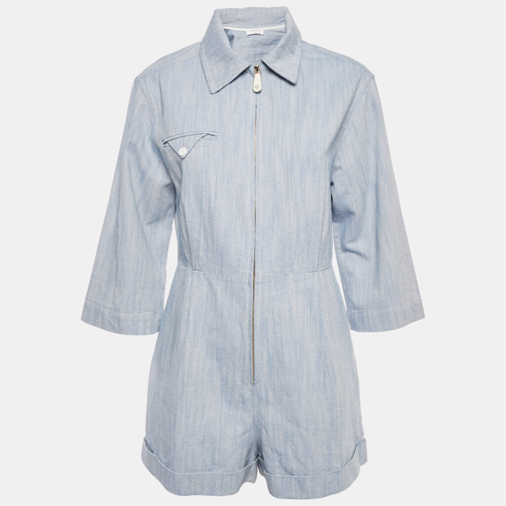 Sandro Blue Cotton Gabardine Zip-Up Alma Playsuit M Sandro Blue Cotton Gabardine Zip-Up Alma Playsuit M