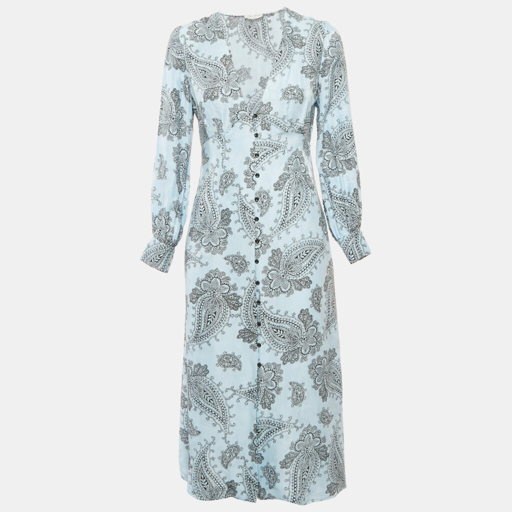 Sandro Blue Printed Sateen V-Neck Midi Dress M Sandro Blue Printed Sateen V-Neck Midi Dress M