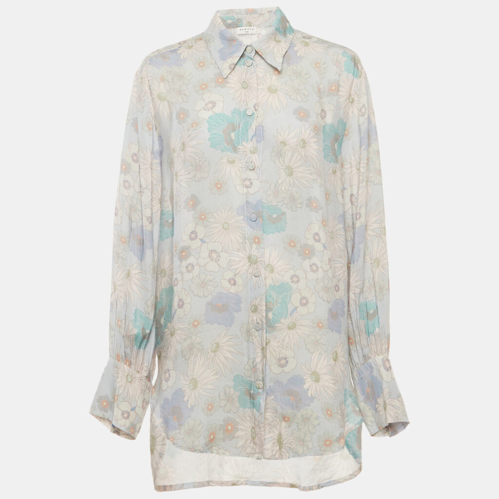 Sandro Blue Floral Print Crepe Long Sleeve Shirt M