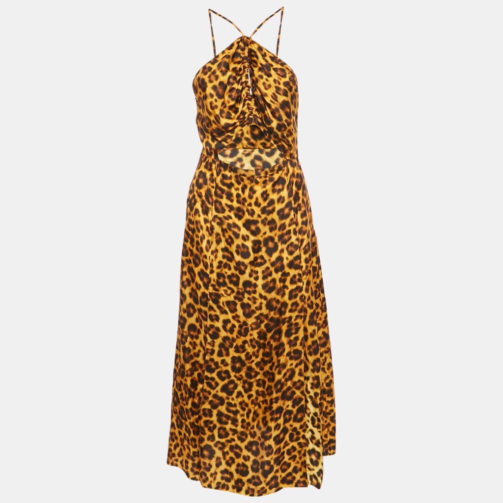 Sandro Orange Leopard Print Satin Cut-Out Ruched Midi Dress S Sandro Orange Leopard Print Satin Cut-Out Ruched Midi Dress S