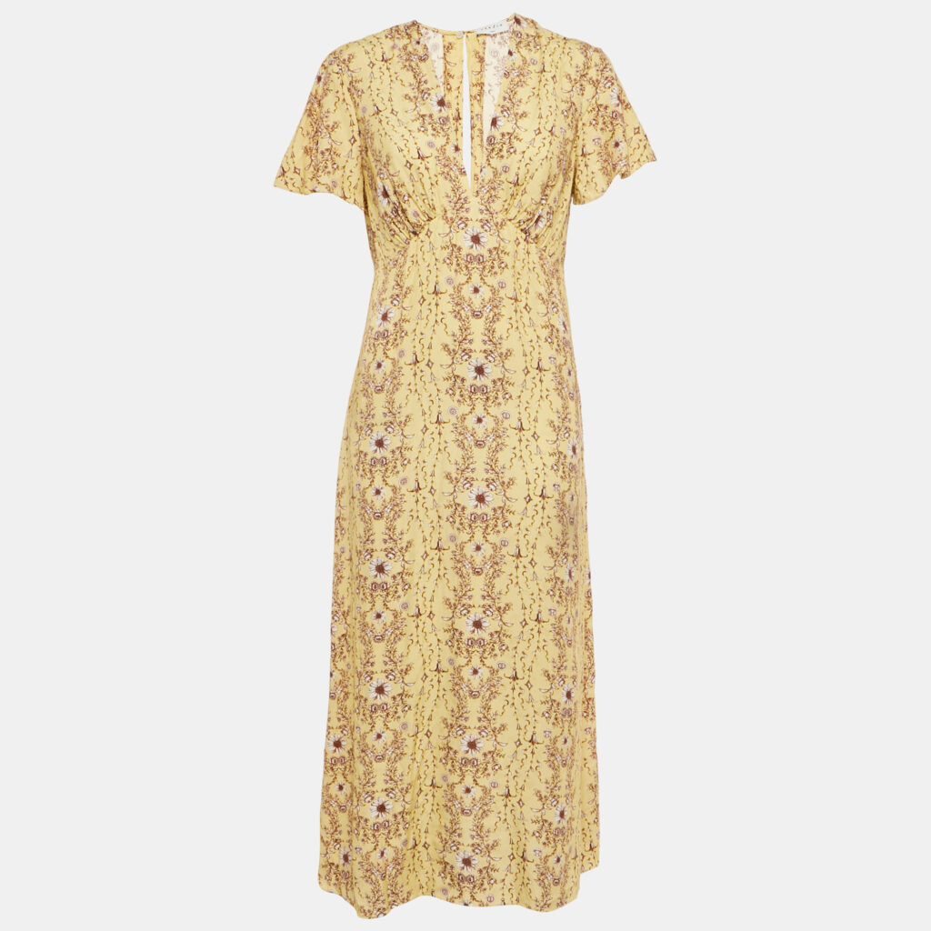 Sandro Yellow Floral Print Crepe V-Neck Midi Dress S Sandro Yellow Floral Print Crepe V-Neck Midi Dress S