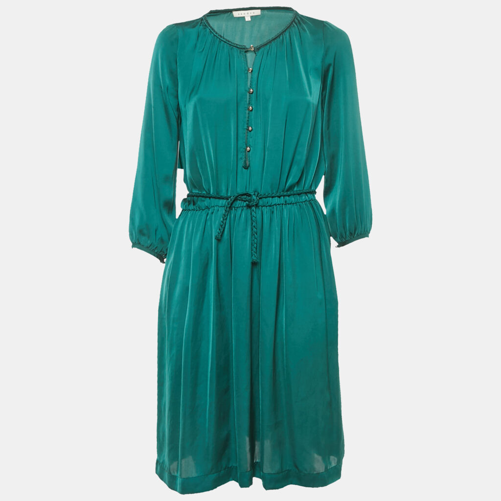 Sandro Green Satin Waist Braided Tie-Up Detail Dress S Sandro Green Satin Waist Braided Tie-Up Detail Dress S