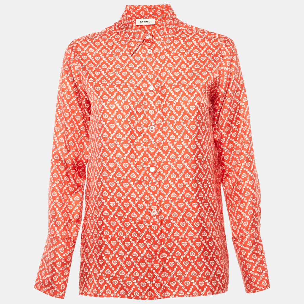Sandro Red Printed Silk Button Front Long Sleeve Shirt XS