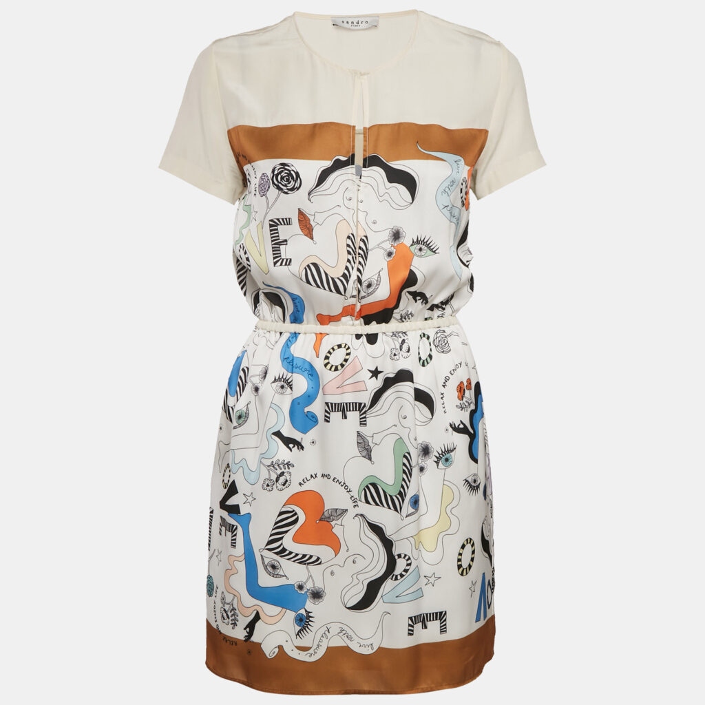 Sandro White Printed Crepe and Silk Trim Mini Dress S Sandro White Printed Crepe and Silk Trim Mini Dress S