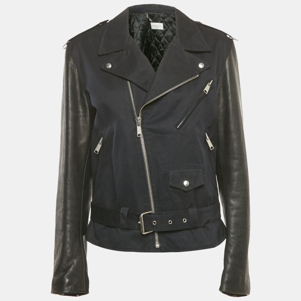 Sandro Navy Blue Cotton Leather Sleeved Biker Jacket L