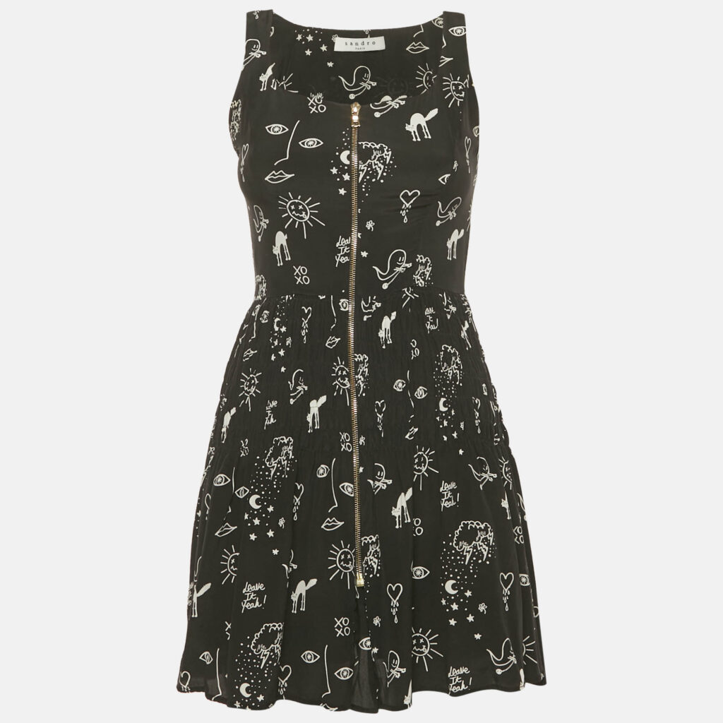 luxury-women-sandro-used-clothes-p1186221-001-1.jpg Sandro Black Printed Silk Mini Dress S