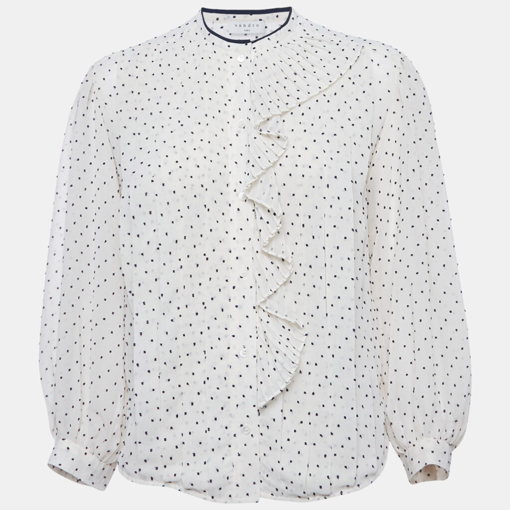 Sandro Cream Swiss Dots Chiffon Pleated Blouse S