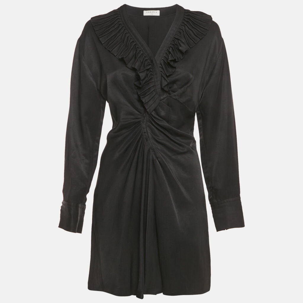 Sandro Black Gabardine Ruffle Trim Mini Dress S