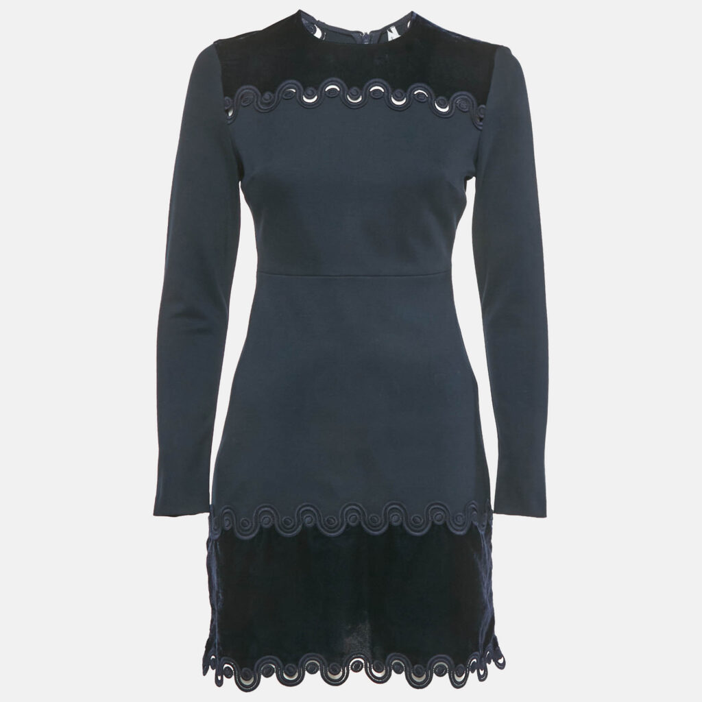 Sandro Navy Blue Jersey Lace and Velvet Detail Mini Dress S Sandro Navy Blue Jersey Lace and Velvet Detail Mini Dress S