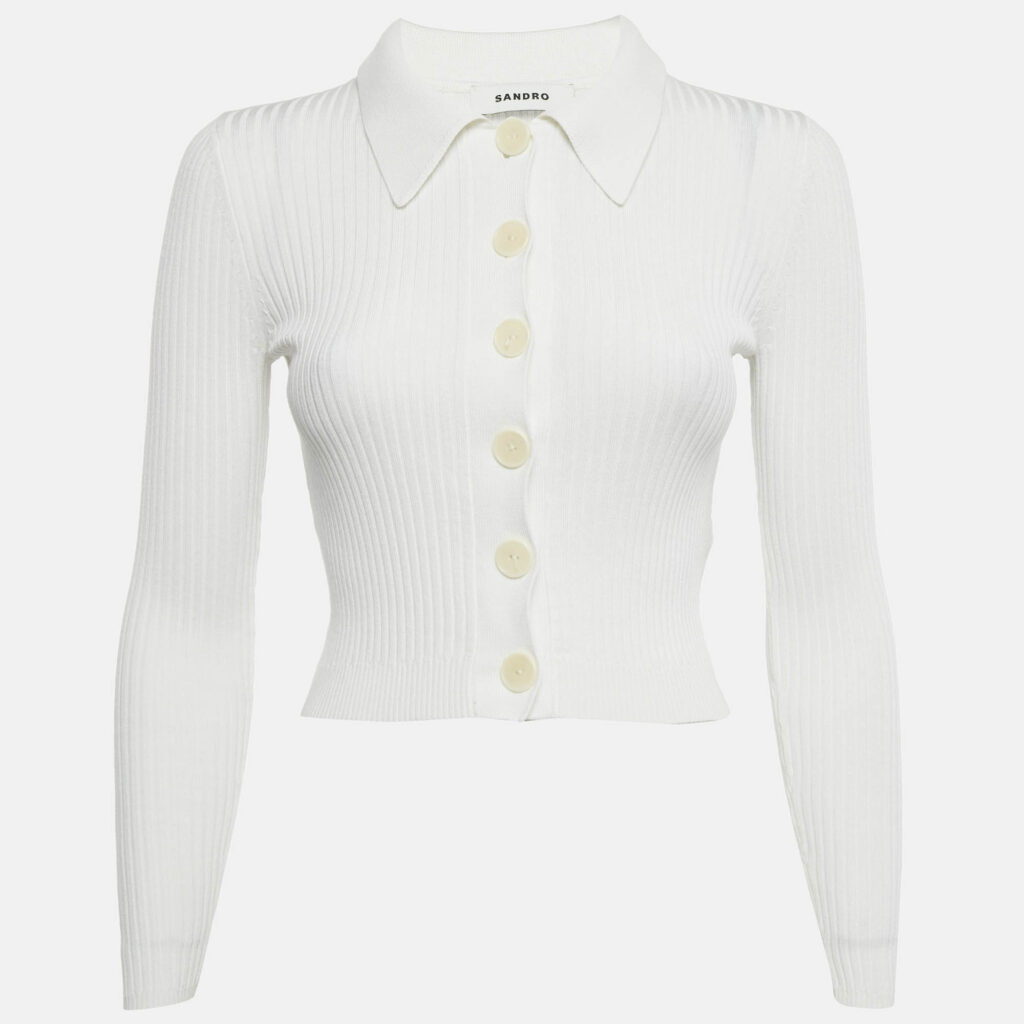 luxury-women-sandro-used-clothes-p1193099-001-1.jpg Sandro White Rib Knit Button Front Fitted Top XS