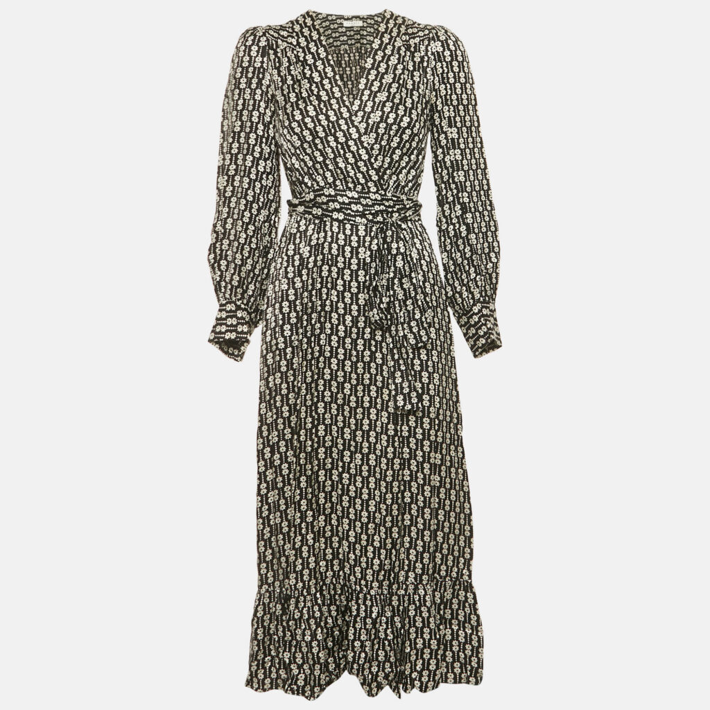 Sandro Black Floral Print Viscose Warp Around Midi Dress XS