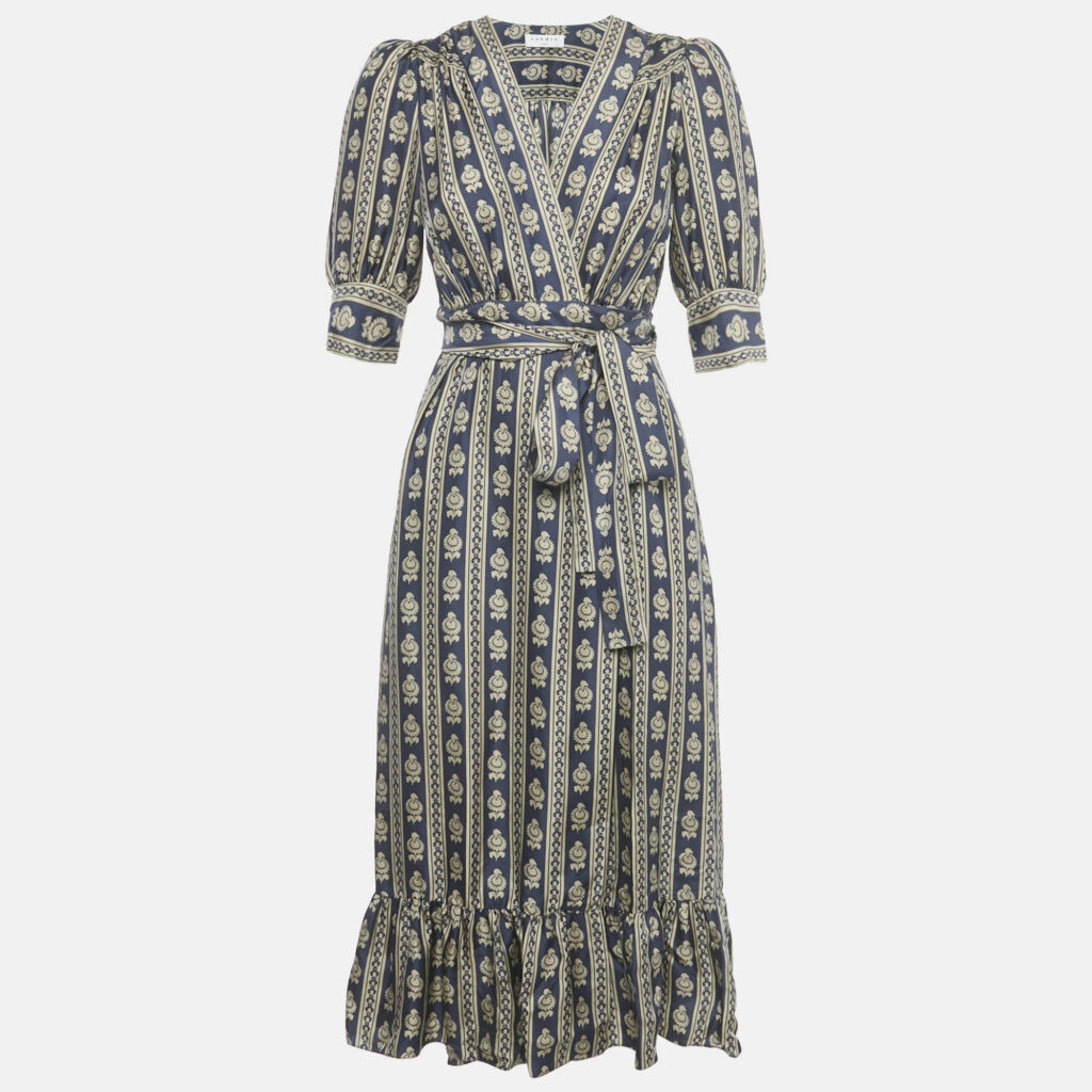Sandro Navy Blue Printed Silk Wrap Around Midi Dress XS Sandro Navy Blue Printed Silk Wrap Around Midi Dress XS