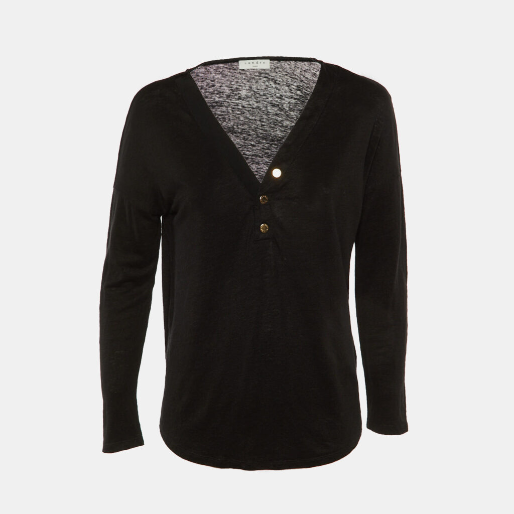 Sandro Black Linen Knit long Seeve T-Shirt M