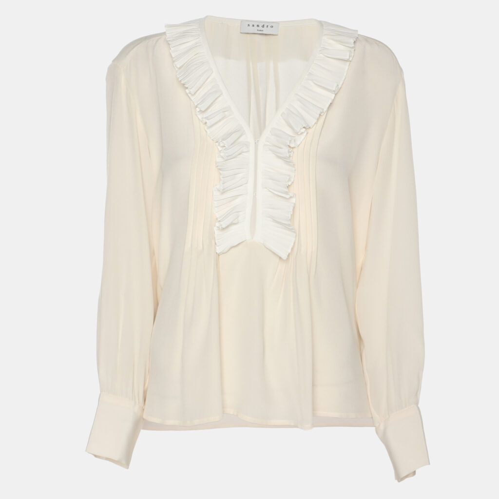Sandro Light Beige Crepe Ruffle Trip Long Sleeve Shirt S Sandro Light Beige Crepe Ruffle Trip Long Sleeve Shirt S