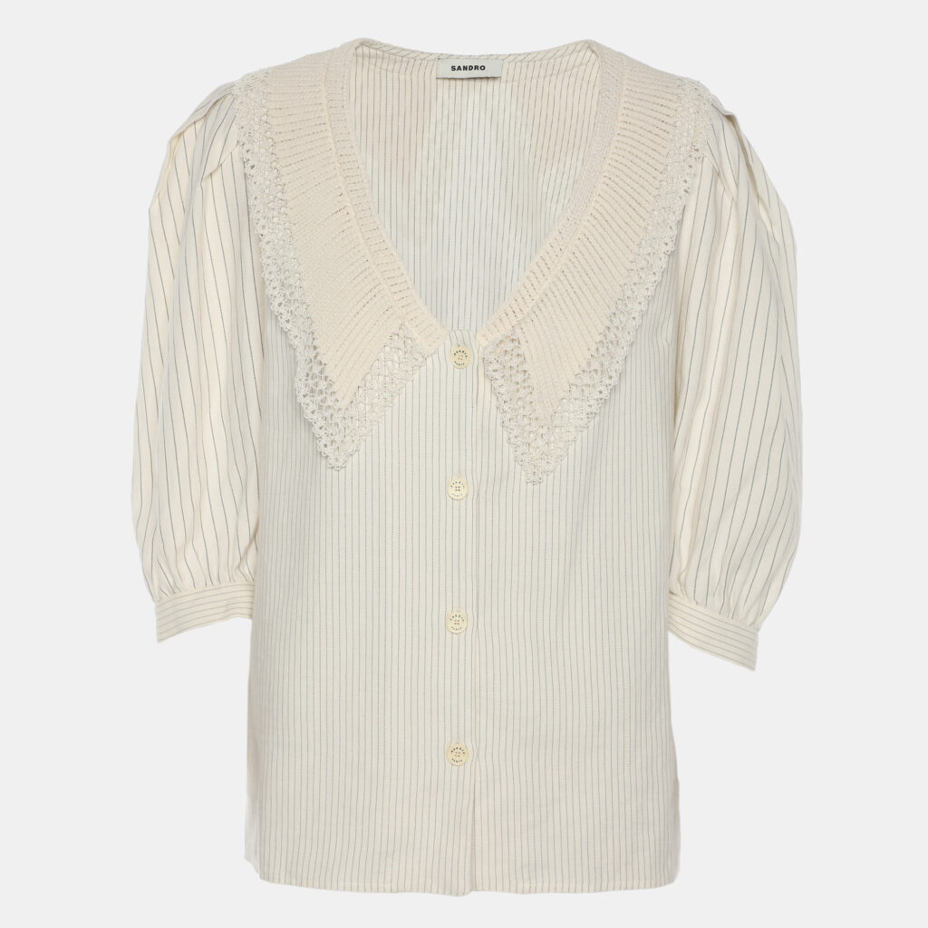 Sandro Cream Stripe Linen Blend Lace Trip Blouse S