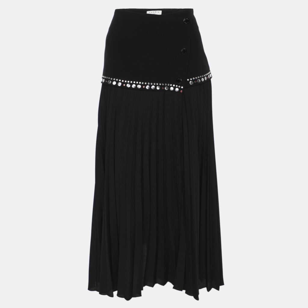 Sandro Black Crepe Fabric Embellished Pleated Midi Skirt L Sandro Black Crepe Fabric Embellished Pleated Midi Skirt L