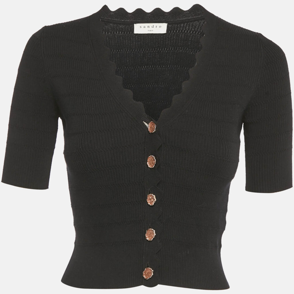 Sandro Black Rib Knit Button Front Cardigan Top S Sandro Black Rib Knit Button Front Cardigan Top S