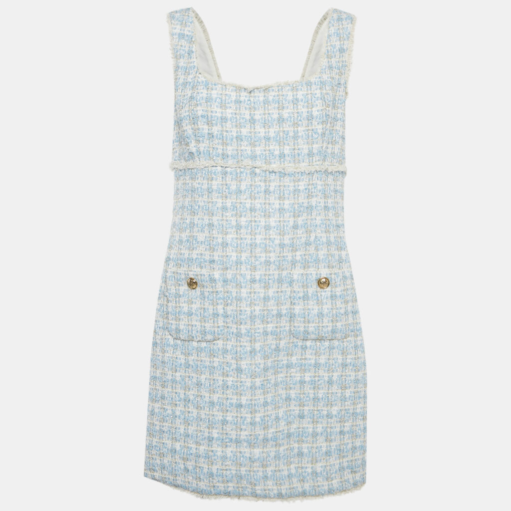 Sandro Blue /White Lurex Tweed Fridge Detail Mini Dress XL
