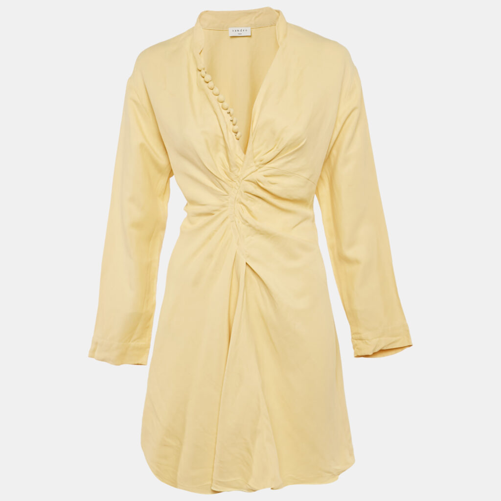 Sandro Yellow Crepe Gathered Mini Dress XS Sandro Yellow Crepe Gathered Mini Dress XS