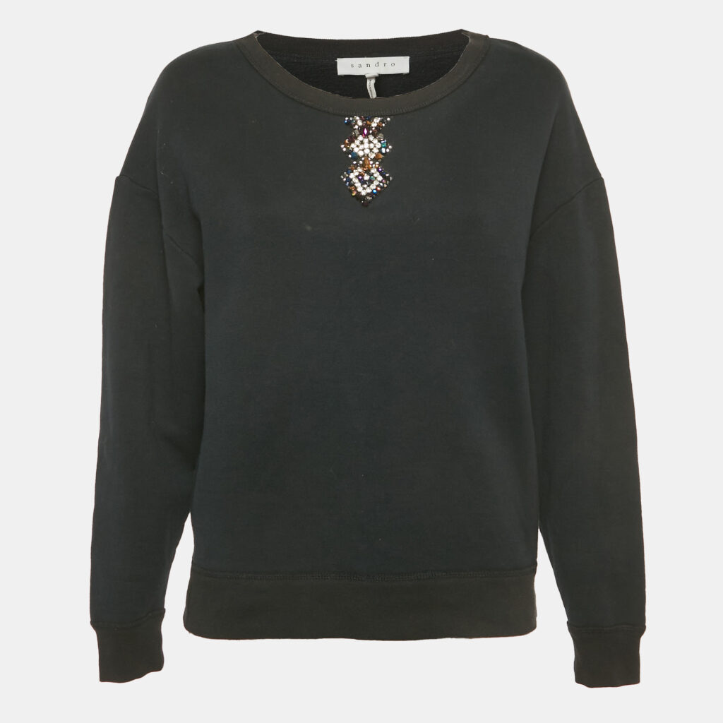luxury-women-sandro-used-clothes-p1218572-001.jpg Sandro Navy Blue Embellished Detail Cotton Sweatshirt M