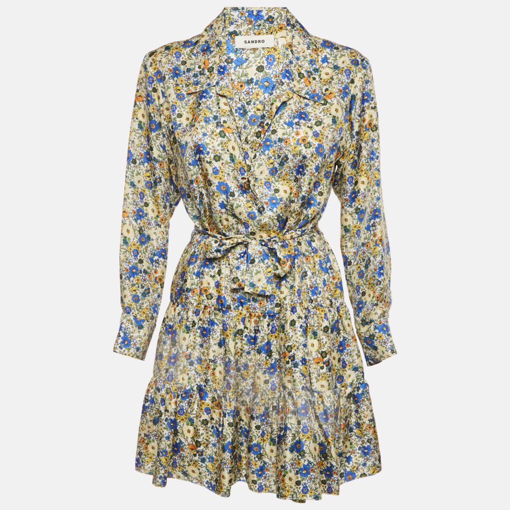 Sandro Yellow/Blue Blossom Print Silk Mini Dress S