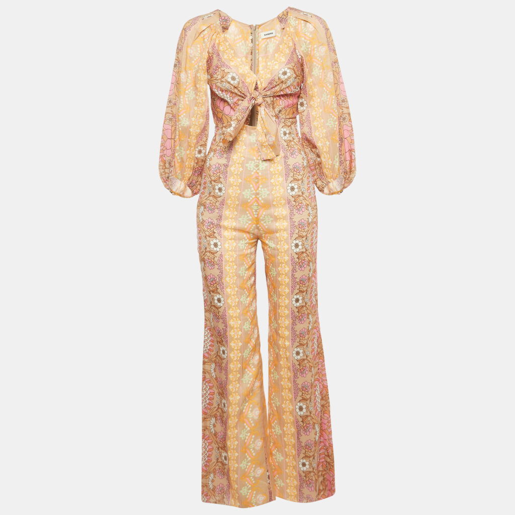 SANDRO Beige Printed Linen Blend Tie Detail Wide Leg Jumpsuit XS