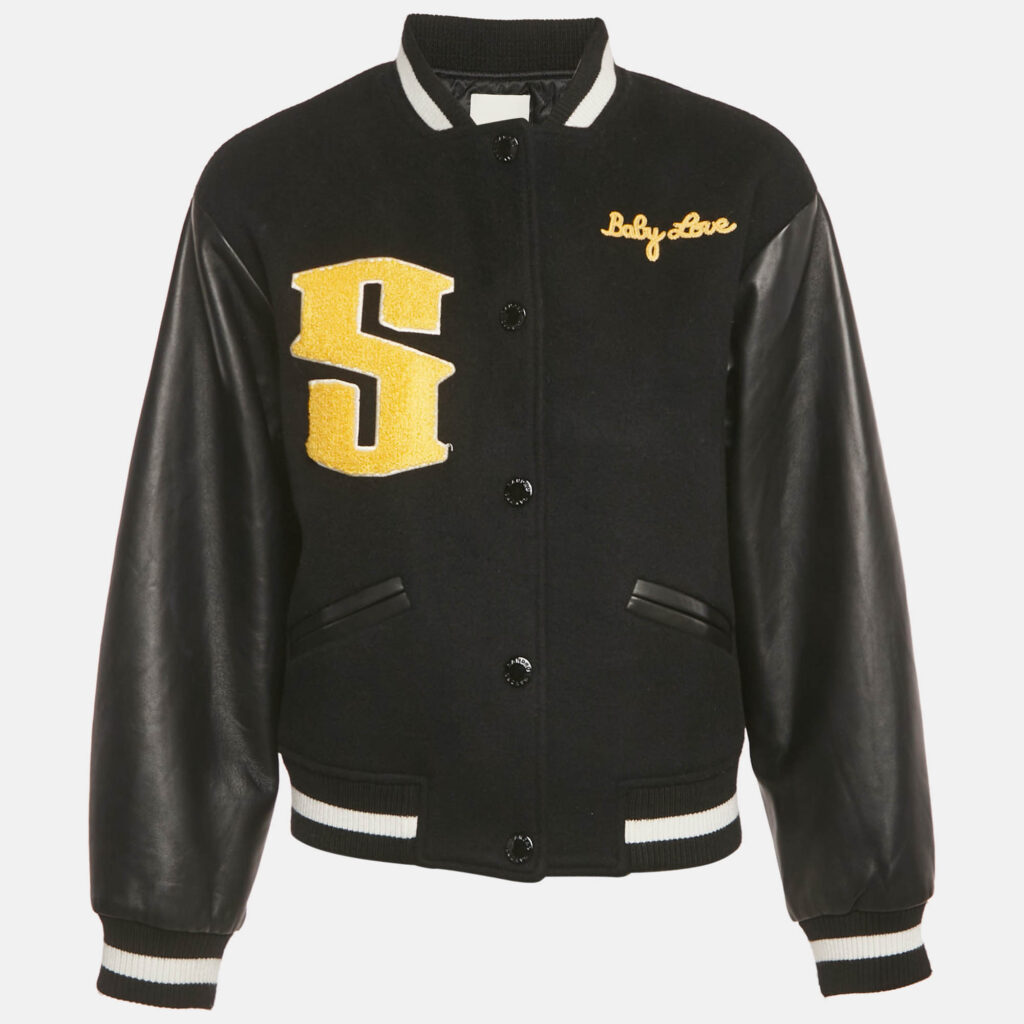Sandro Black Embroidered Wool and Leather Varsity Jacket S Sandro Black Embroidered Wool and Leather Varsity Jacket S