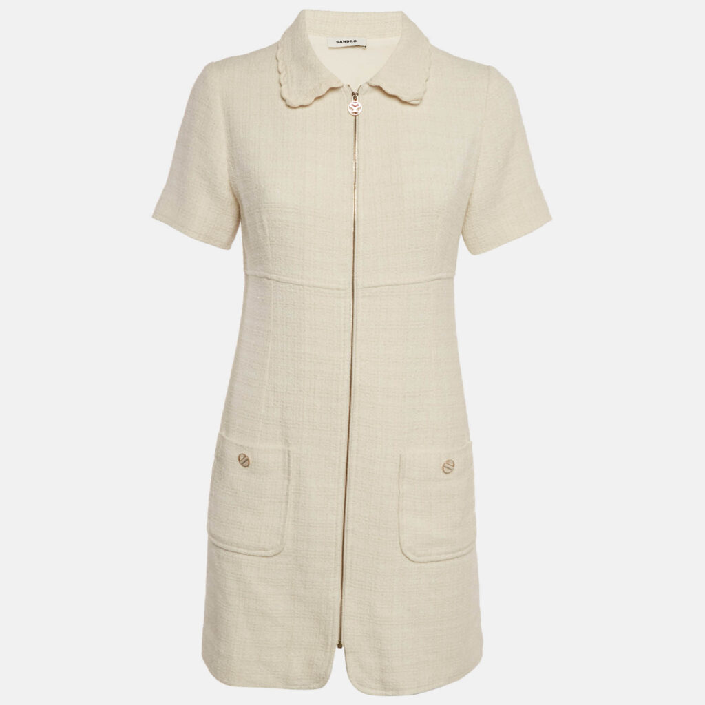 Sandro Off White Tweed Zip -Up Gregoria Mini Dress M Sandro Off White Tweed Zip -Up Gregoria Mini Dress M
