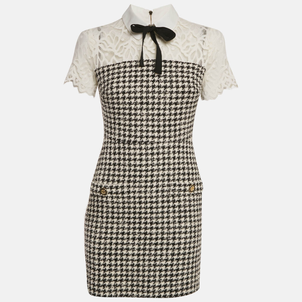 luxury-women-sandro-used-clothes-p1221493-001-1.jpg Sandro Monochrome Tweed & Lace Collared Mini Dress S