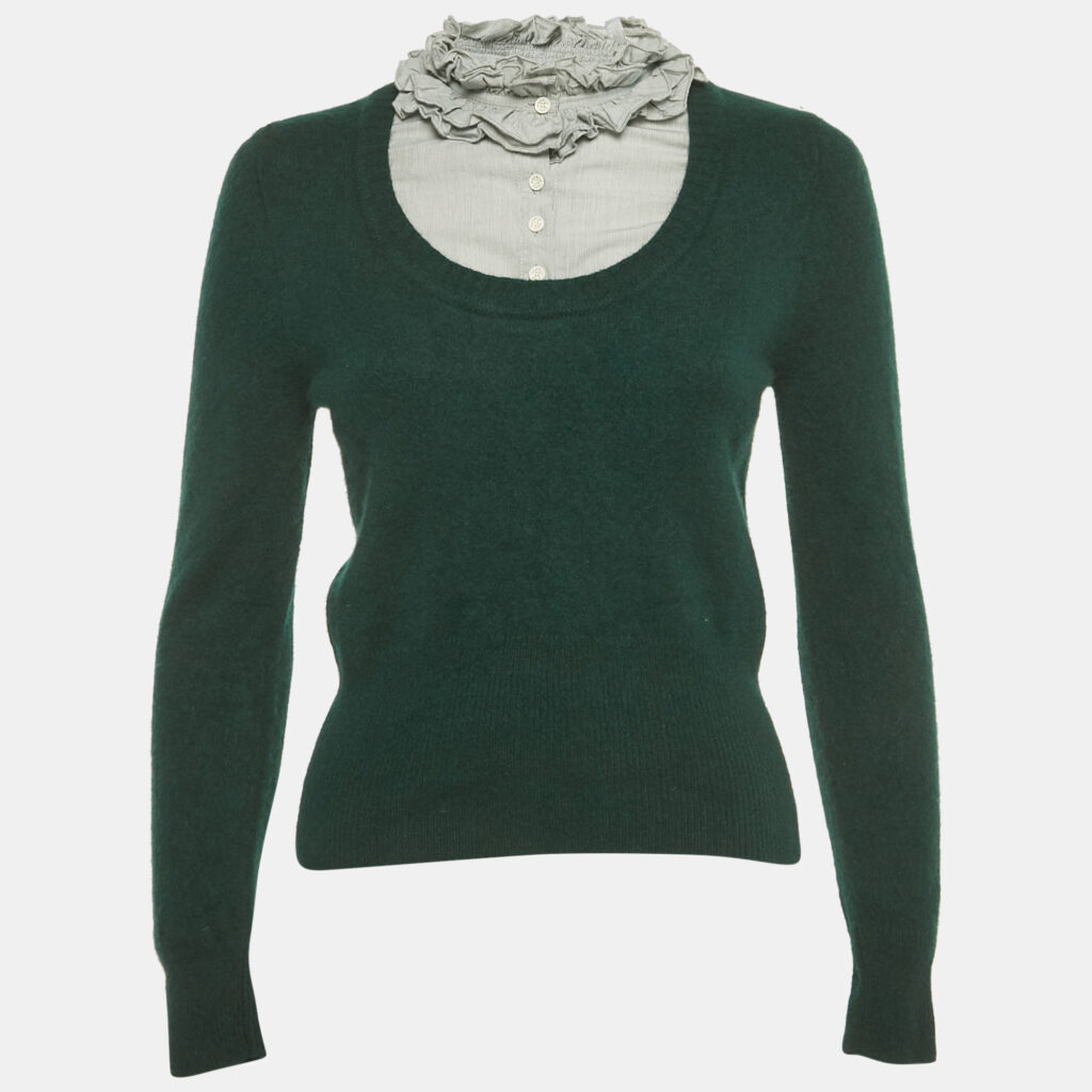 Sandro Green Cotton Trim Wool Fitted Sweater L Sandro Green Cotton Trim Wool Fitted Sweater L