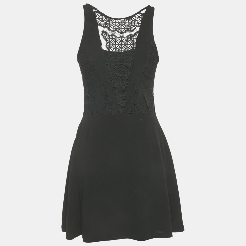 Sandro Black Crepe Lace Detail Mini Dress S Sandro Black Crepe Lace Detail Mini Dress S