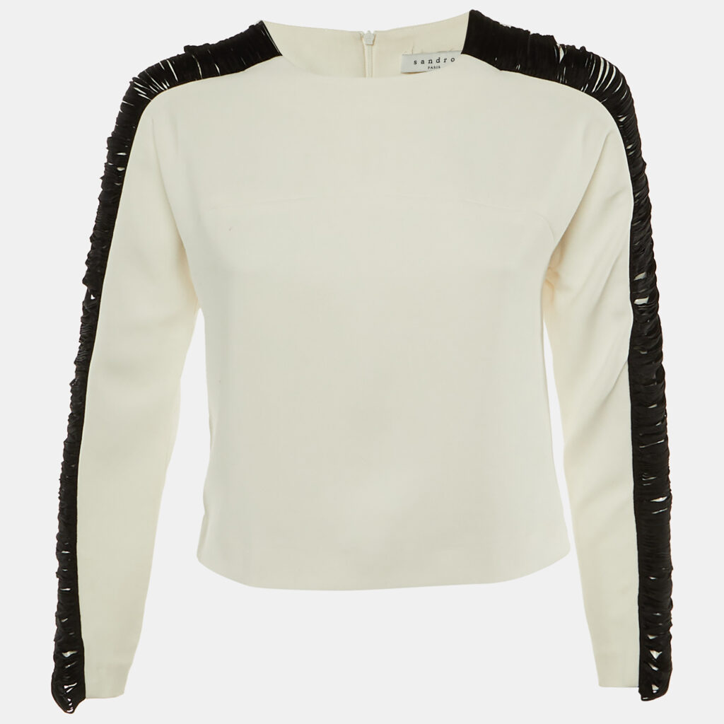 Sandro White Crepe Contrast Sleeve Detail Top S Sandro White Crepe Contrast Sleeve Detail Top S