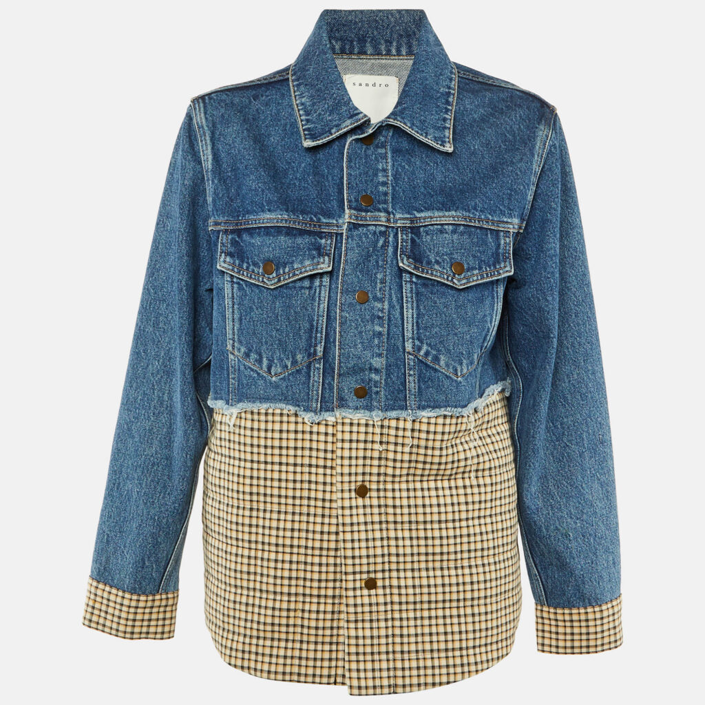 Sandro Blue Plaid Print Denim Jacket S Sandro Blue Plaid Print Denim Jacket S