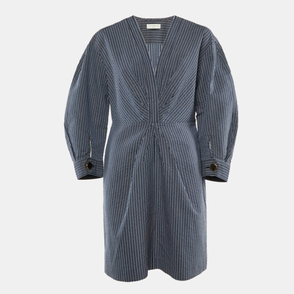Sandro Navy Blue Striped Cotton Blend Plunge Neck Mini Dress XL