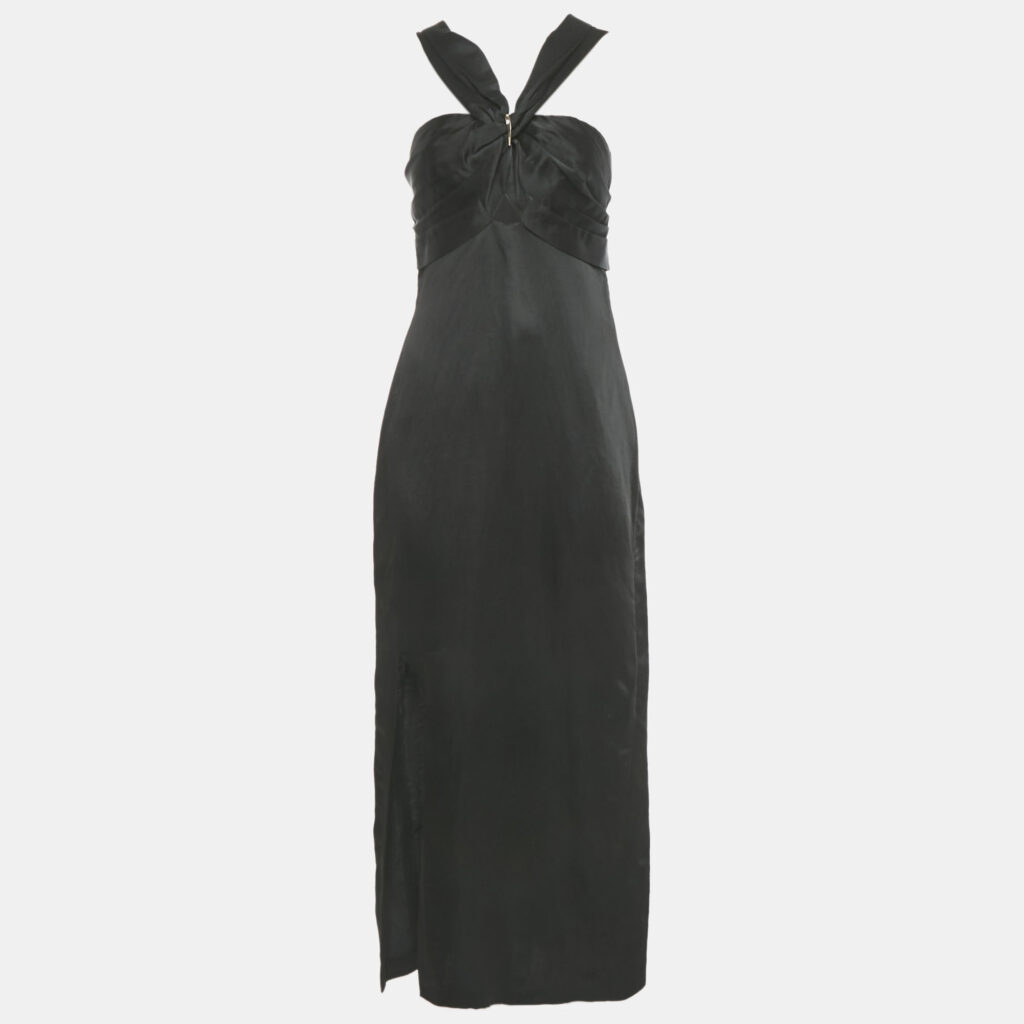 Sandro Black Satin & Linen V-Neck Cut Out Slit Maxi Dress S