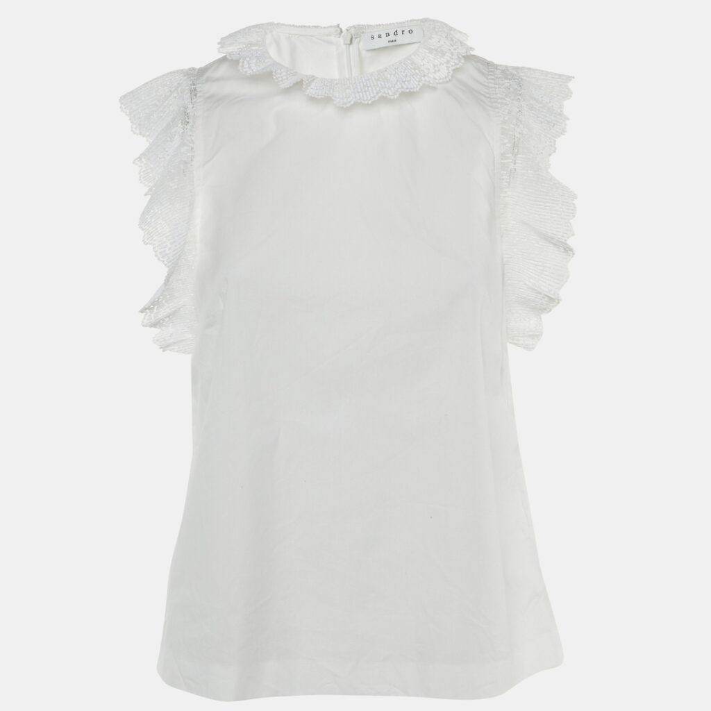 Sandro White Cotton Ruffled High Neck Top S Sandro White Cotton Ruffled High Neck Top S
