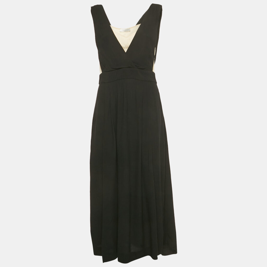 Sandro Black /Beige Crepe Sleeveless Midi Dress L Sandro Black /Beige Crepe Sleeveless Midi Dress L