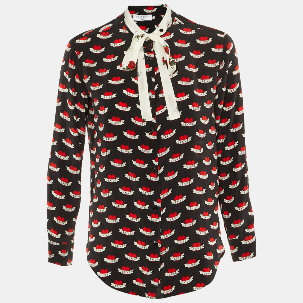 Sandro Black Love Print Silk Tie Neck Blouse M Sandro Black Love Print Silk Tie Neck Blouse M