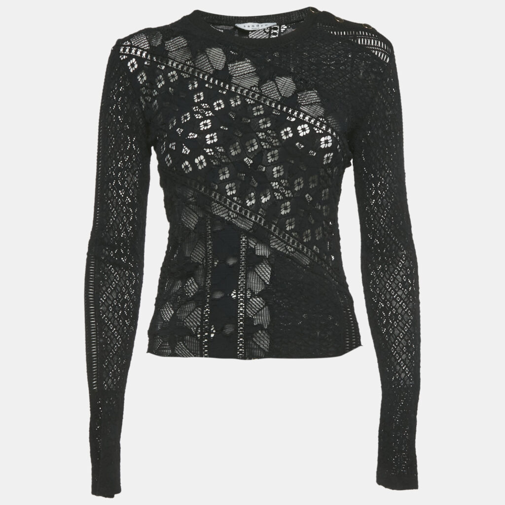Sandro Black Stretch Lace Sheer Top M