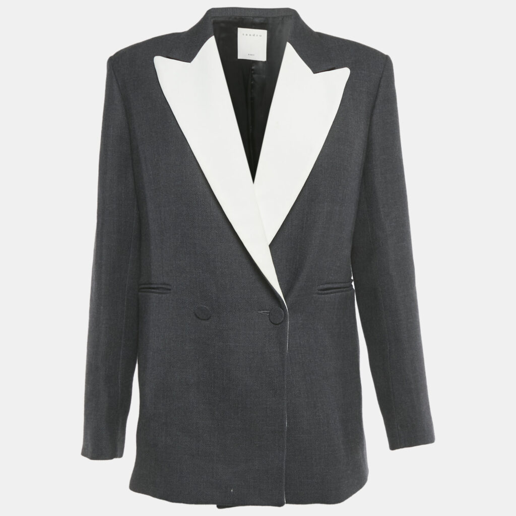 Sandro Grey /White Crepe Blend Double Breasted Blazer L Sandro Grey /White Crepe Blend Double Breasted Blazer L
