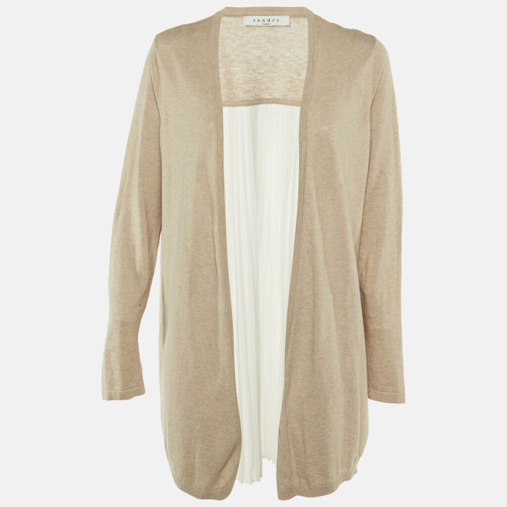 Sandro Beige Knit & Crepe Pleated Cardigan M Sandro Beige Knit & Crepe Pleated Cardigan M