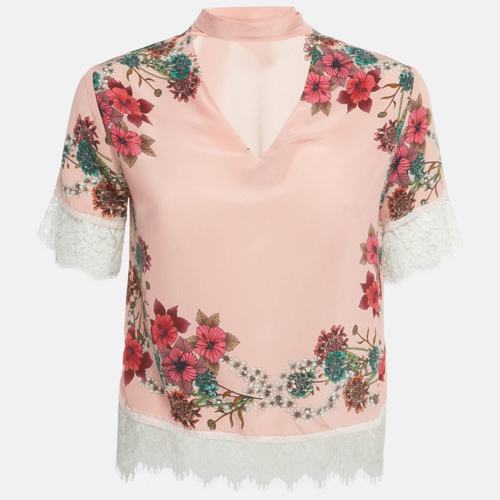 luxury-women-sandro-used-clothes-p1234290-006.jpg Sandro Pink Floral Print Silk Lace Trim Detail Top S