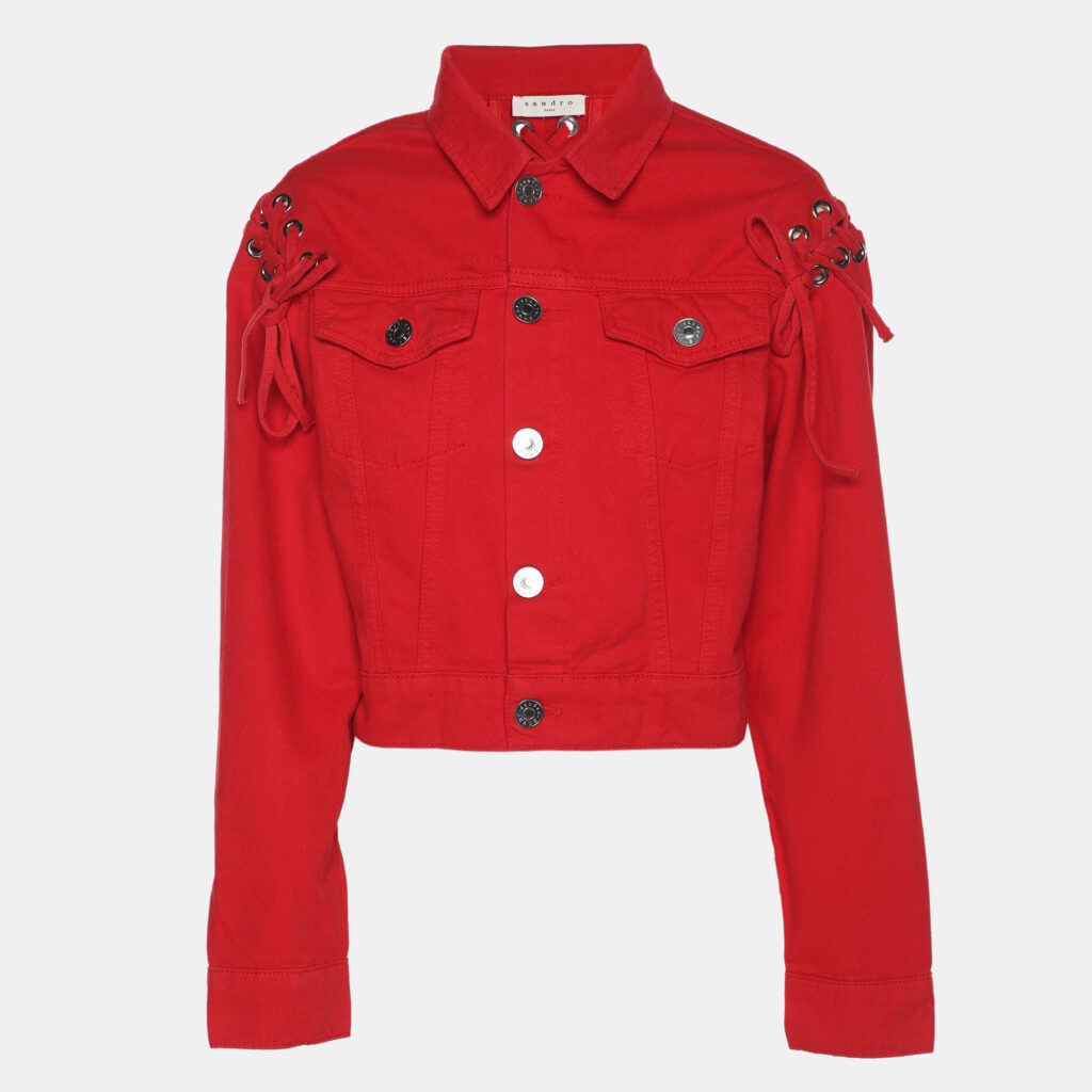 Sandro Red Denim Button Front Lace-Up Detail Jacket M Sandro Red Denim Button Front Lace-Up Detail Jacket M
