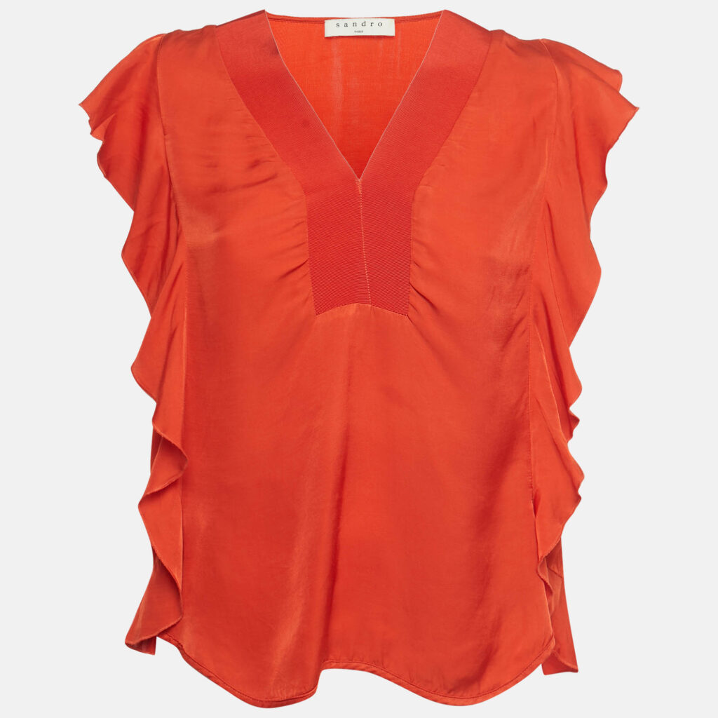 Sandro Orange Silk Ruffled Top S