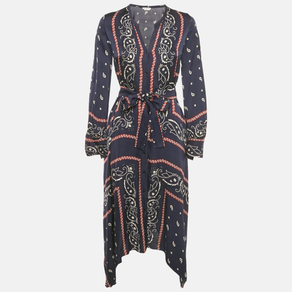 Sandro Blue Bandana Print Satin Asymmetric Midi Dress XS